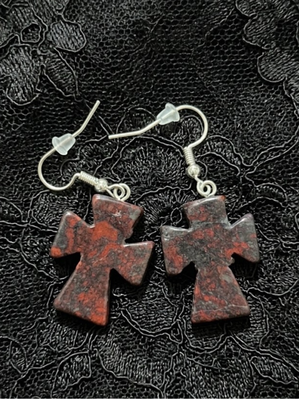 Mahogany Obsidian Stone Cross Drop Earrings - Picture 2 of 3